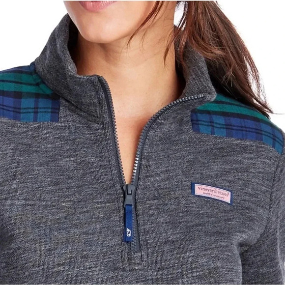 Vineyard Vines Shep Shirt Gray & Plaid 1/4 Zip Collared Pullover Warm Comfort - Picture 3 of 11